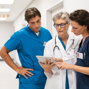Healthcare professionals reviewing patient and operational data while discussing essential practice management skills for medical practices