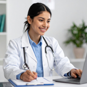New website 1 Healthcare provider working on a laptop for the new website for ima focused on medical billing and healthcare management services