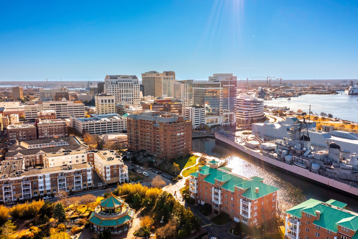 Aerial view of downtown norfolk, virginia waterfront skyline near the harbor and business district.